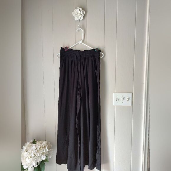 Wide Legged Draped Swishy Black Elastic Waist Drawstring Pants Size L - Picture 3 of 7
